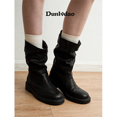 敦绿岛· 比野系列2号｜松松垮垮特别爱马皮骑士靴圆头中跟中筒靴