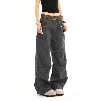 美式复古多口袋工装裤女夏季新款设计感褶皱休闲宽松直筒微喇裤子