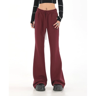 女春季 复古酒红色休闲裤 子运动卫裤 新款 美式 高腰抽绳垂感喇叭裤 潮