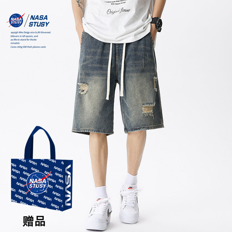 NASA STUSY夏季男士透气五分裤子美式复古直筒运动牛仔短裤