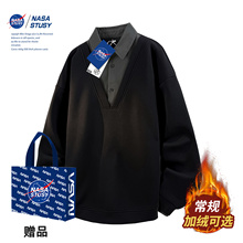 NASA STUSY美式高街2025新款秋冬装男款情侣加绒衬衫领假两件卫衣