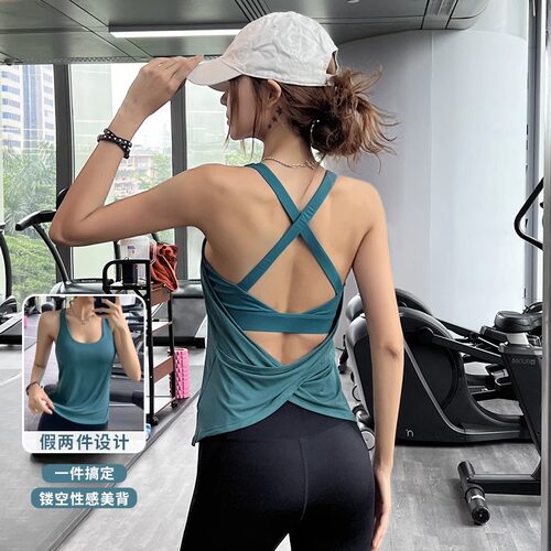 假两件含胸垫健身美背背心女