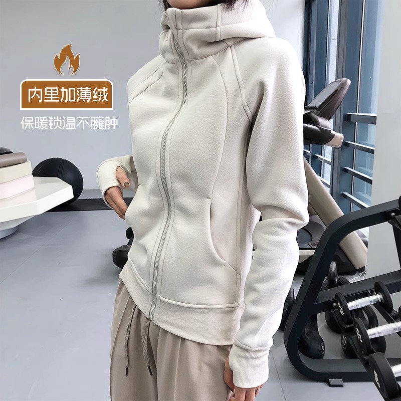 加绒加厚瑜伽外套秋冬健身衣连帽