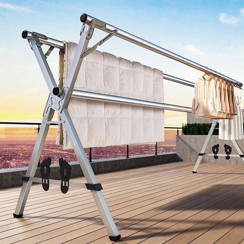 不锈钢晾衣架落地折叠室内外双杆式挂被子架伸缩阳台移动凉晒衣架