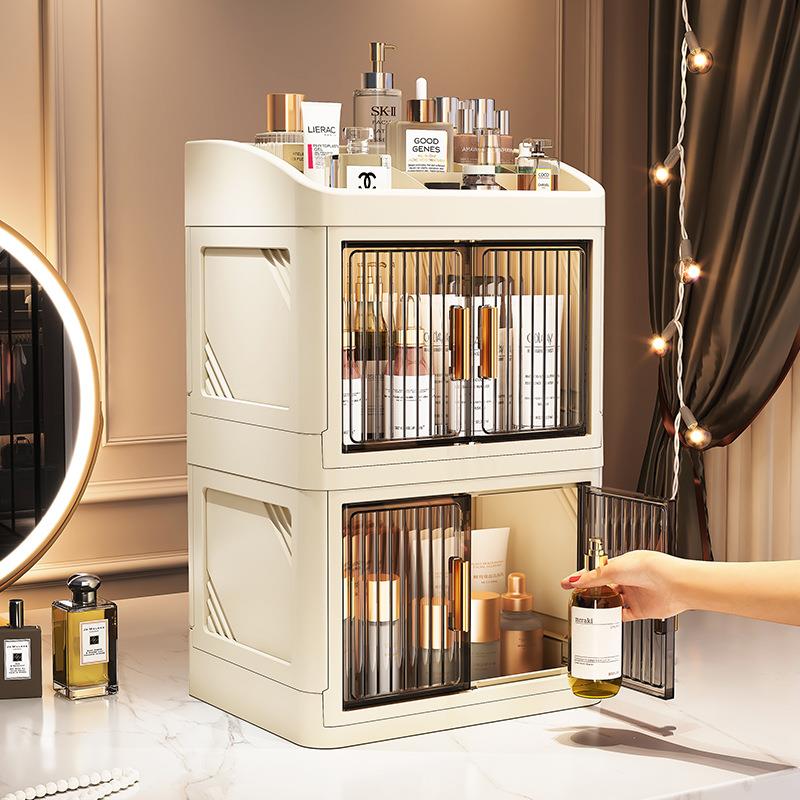 跨境亚克力折叠化妆品收纳盒多层双开门桌面防尘办公桌收纳储物盒