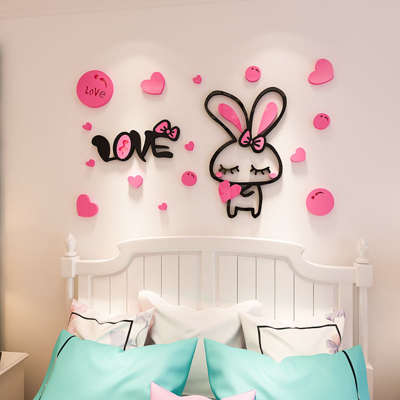 卡通墙贴3d立体亚克力儿童房间卧室床头装饰创意可爱兔子自粘贴画