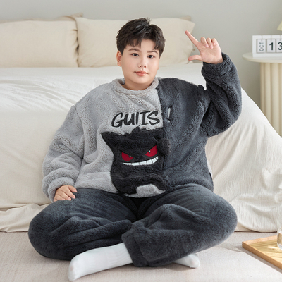 加厚胖童睡衣新款加大加肥珊瑚青少年秋冬季男孩法兰绒家居服套装