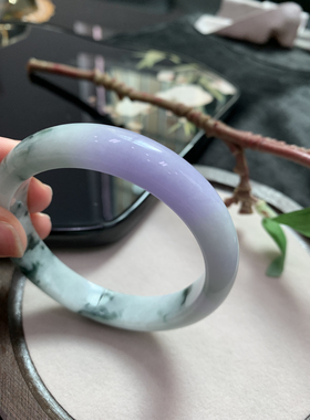 浓紫竹叶青双彩齐飞细腻特色翡翠手镯A货56.7-12-8油画莫奈