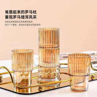 玻杯加水杯罗简马柱杯子家用啤酒杯约易璃收罗马柱叠纳彩色厚叠叠
