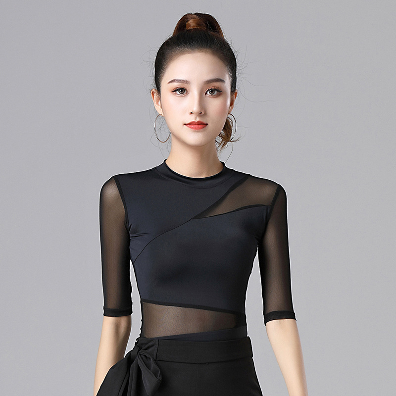 现代舞蹈服女新款形体拉丁舞练功服跳交谊舞摩登舞国标舞上衣网纱