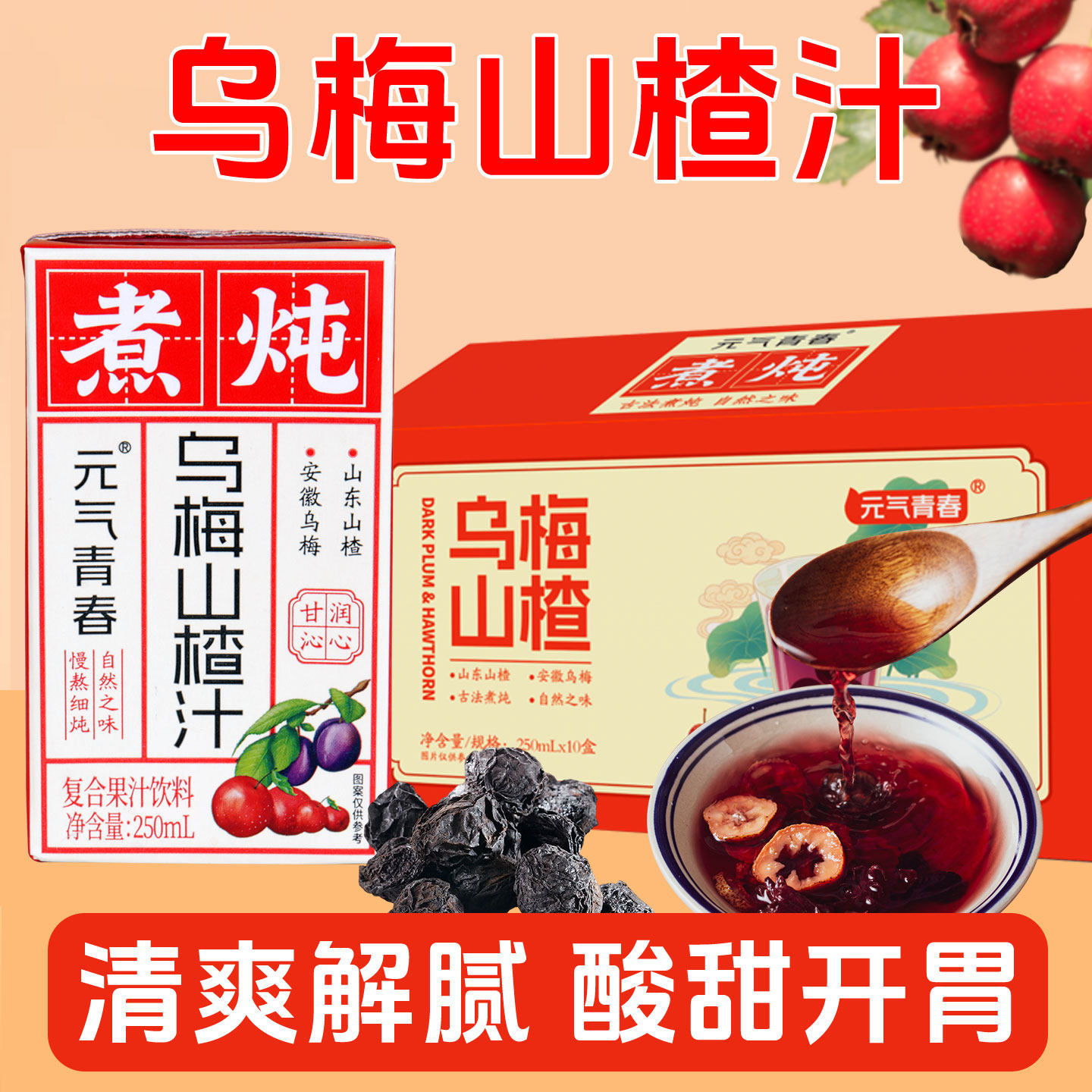 【整件】元气青春乌梅山楂汁250ml*10盒酸甜爽口复合果汁饮料包邮