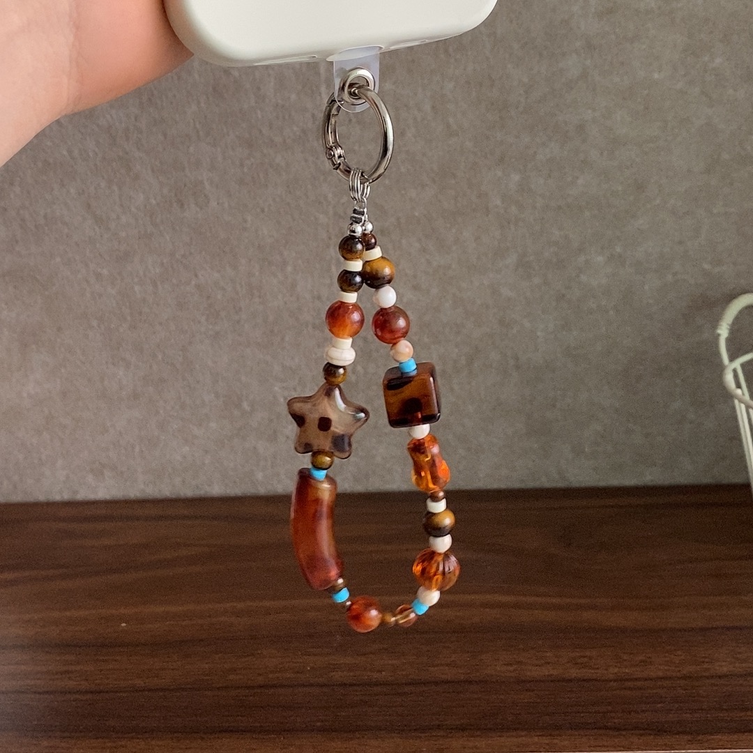 方块琥珀星星手机链棕色手机挂绳