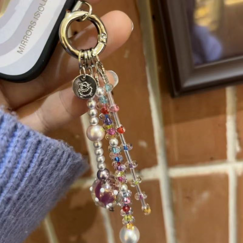 五彩珍珠手机链新款手机挂绳女款创意ccd相机挂件短款精致百搭挂链创意高级感手工珠串地址ins风网红防摔链条