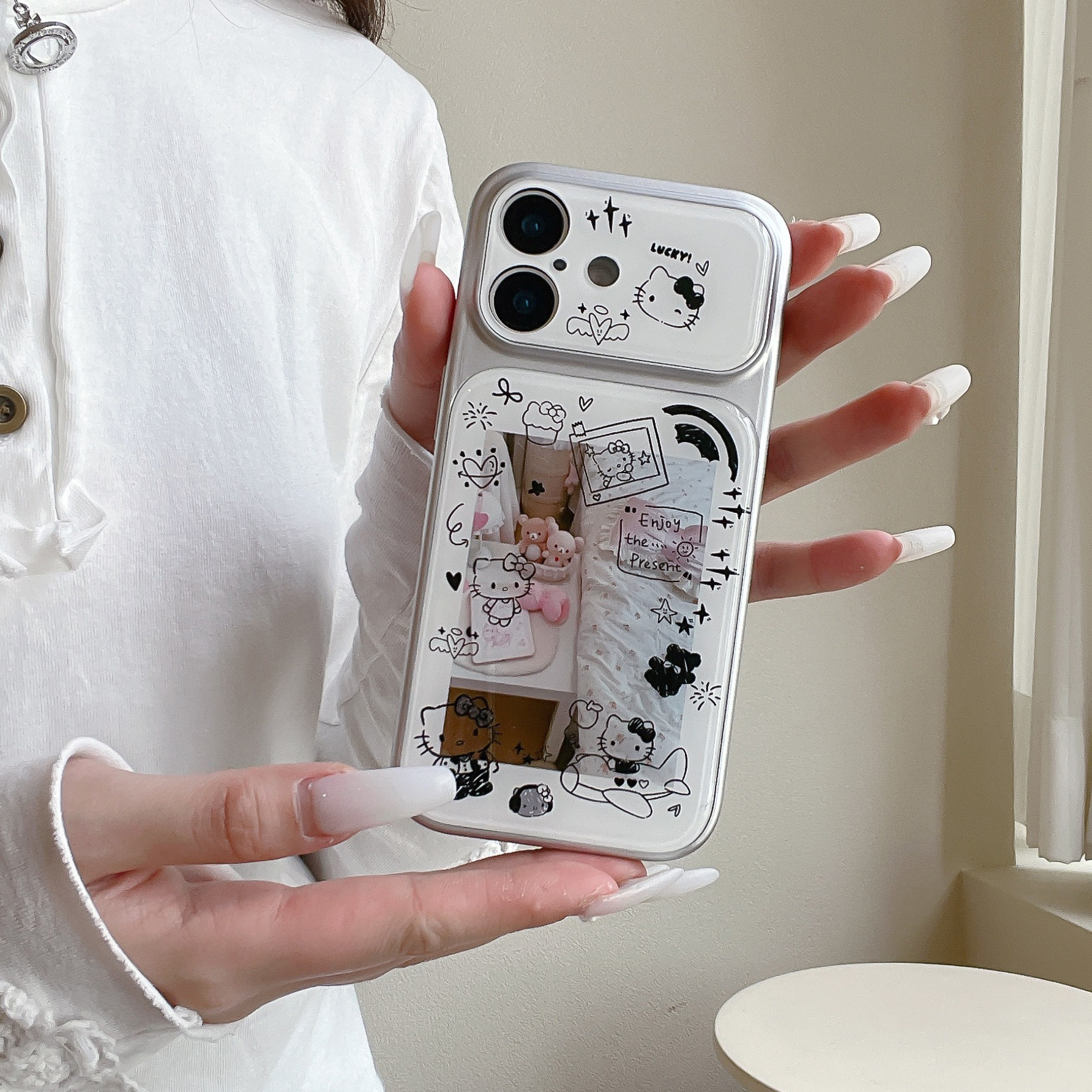 线条Kitty猫适用苹果17手机壳新款iPhone16pro保护套女款15plus玻璃壳14promax镜头全包防摔外壳13高级感创意