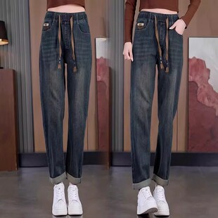 宽松显瘦休闲哈伦萝卜裤 复古松紧腰水洗老爹牛仔裤 女2025秋冬新款