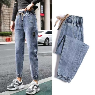学生束脚哈伦老爹裤 韩版 子 女宽松显瘦秋冬新款 高腰松紧腰牛仔裤