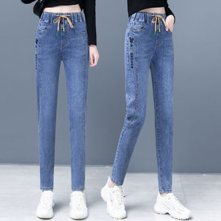子 休闲松紧高腰系带老爹百搭显瘦小脚裤 牛仔裤 女宽松春秋2025新款