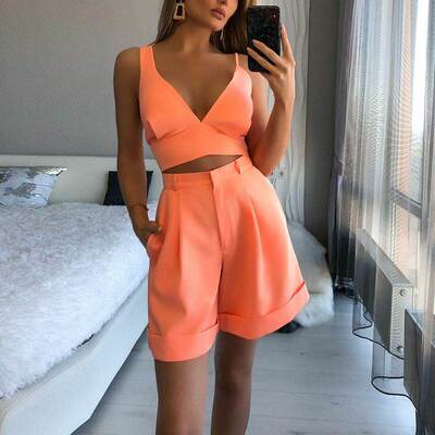 2 Pieces Shorts Sets Backless Top Bra & High Waist Short