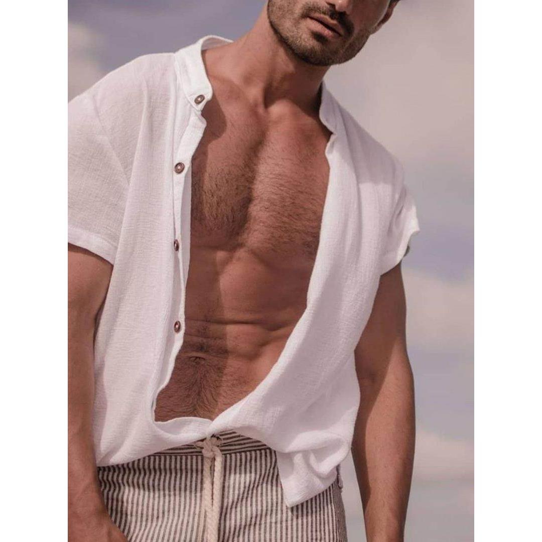 2025夏季新款欧美简约立领短袖衬衣男士大码宽松衬衫潮Men Shirts