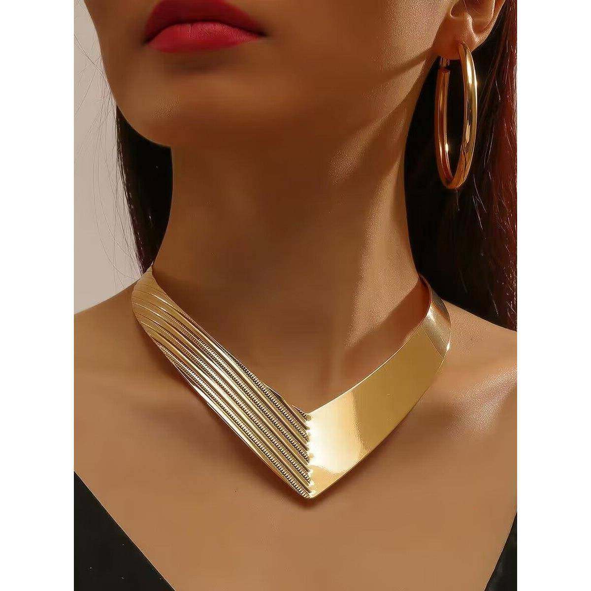欧美夸张朋克合金V领项圈 choker necklace suit earrings women
