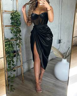 Sequin Ruched High 吊带拼装 Party Contrast Split Dress 褶皱裙