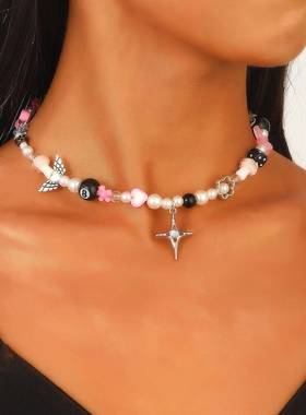 Women butterfly cross flower pendant pearl bead necklace饰品