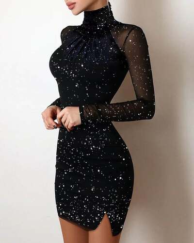 高领针织紧身裙 Glitter Split Hem Contrast Mesh Bodycon Dress