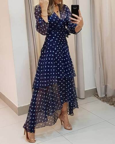 Polkadot Print Layered Ruffles Maxi Dress 蓝色波点印花连衣裙
