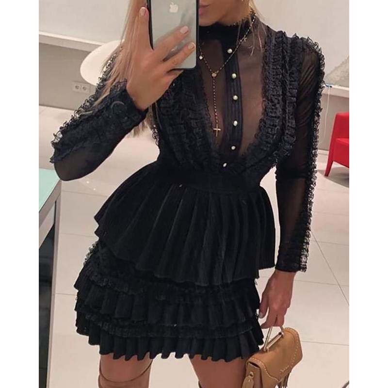 Mesh Insert Ruffles Buttoned Dress黑色网纱性感花边连衣裙
