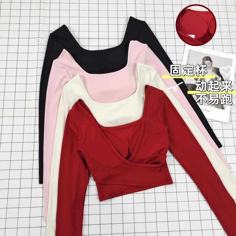 长袖瑜伽服透气露背带胸垫健身衣