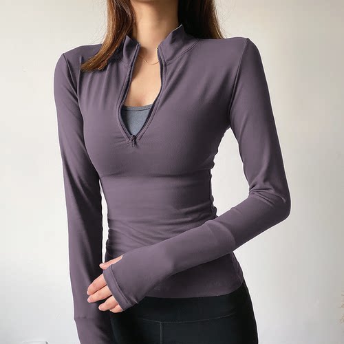 秋冬新款软糯健身上衣女弹力半拉链运动T恤跑步紧身瑜伽服长袖