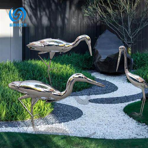 抽象不锈钢仙鹤雕塑摆件园林景观酒店花园地产售楼处镜面动物小品