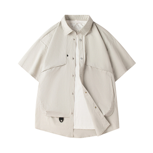 夏季休闲痞帅衬衫男士工装短袖冰丝凉感男款衬衣外套