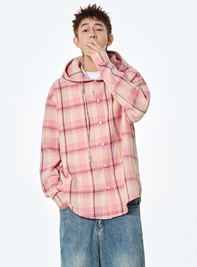 2025秋季新款格子连帽衬衫男女同款宽松休闲百搭长袖上衣外套