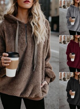 2018亚马逊速卖通Ebay爆款 欧美长袖连帽纯色 女式卫衣绒衫外套