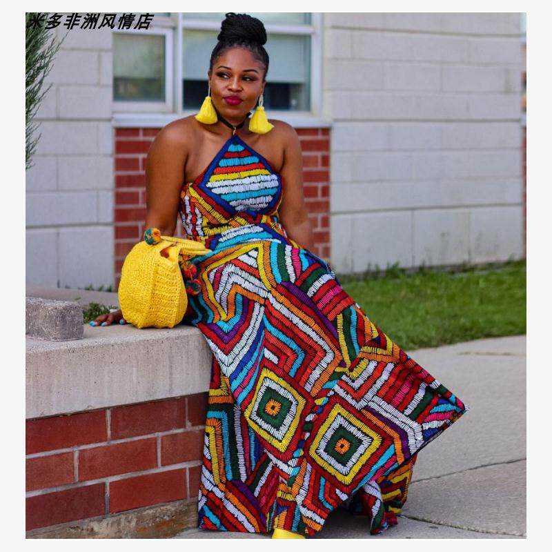 非洲大码女装印花挂脖抹胸式露背大裙摆连衣裙Africa Dress skirt