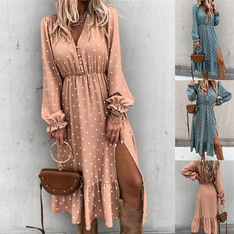 2021春秋wish欧美ebay亚马逊爆款V领耳扣波点苏折印花长袖连衣裙