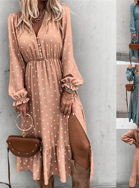 2021春秋wish欧美ebay亚马逊爆款V领耳扣波点苏折印花长袖连衣裙