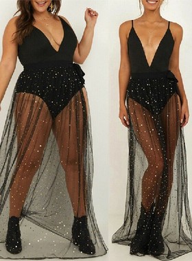 Women shiny sequins Bikini Cover up Mesh Maxi Wrap Skirt