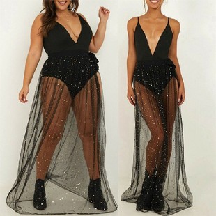 Women Wrap Skirt Cover Maxi Bikini sequins shiny Mesh