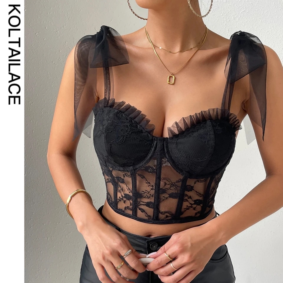 Lace Mesh Wooden Ear Edge Under Wire Fish Bone Halter Top