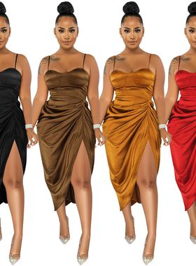 2021 women sexy wrap dress solid color fashion ruched skirt