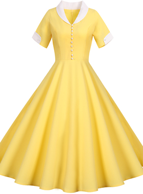 2020wish亚马逊热卖欧美夏季新款短袖西服领纯色休闲大摆连衣裙