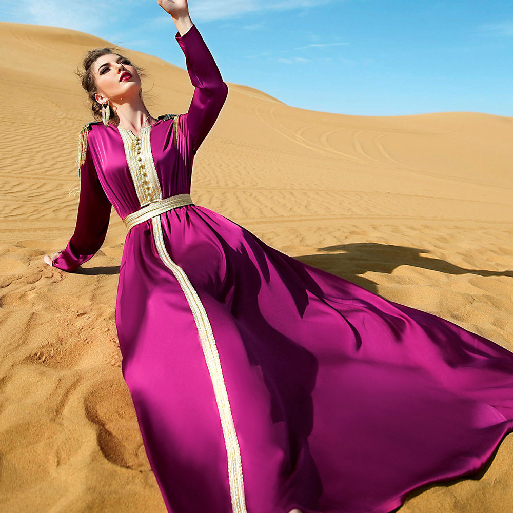 中东女装玫红色长连衣裙阿拉伯迪拜印尼中东宫廷风聚会长裙 dress