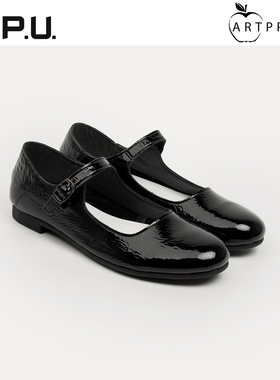 CPU夏季圆头黑色牛皮日风玛丽珍鞋通勤扣带平底单鞋漆皮鞋女AL