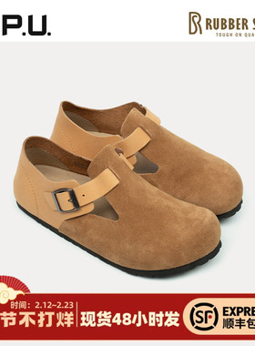 CPU男25秋新款全包单鞋牛皮磨砂皮圆头大头鞋勃肯软木舒适单鞋RO