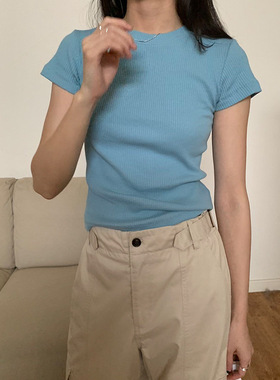 元派bluepops2024春夏新款圆领套头短袖T恤韩版修身百搭上衣AS018