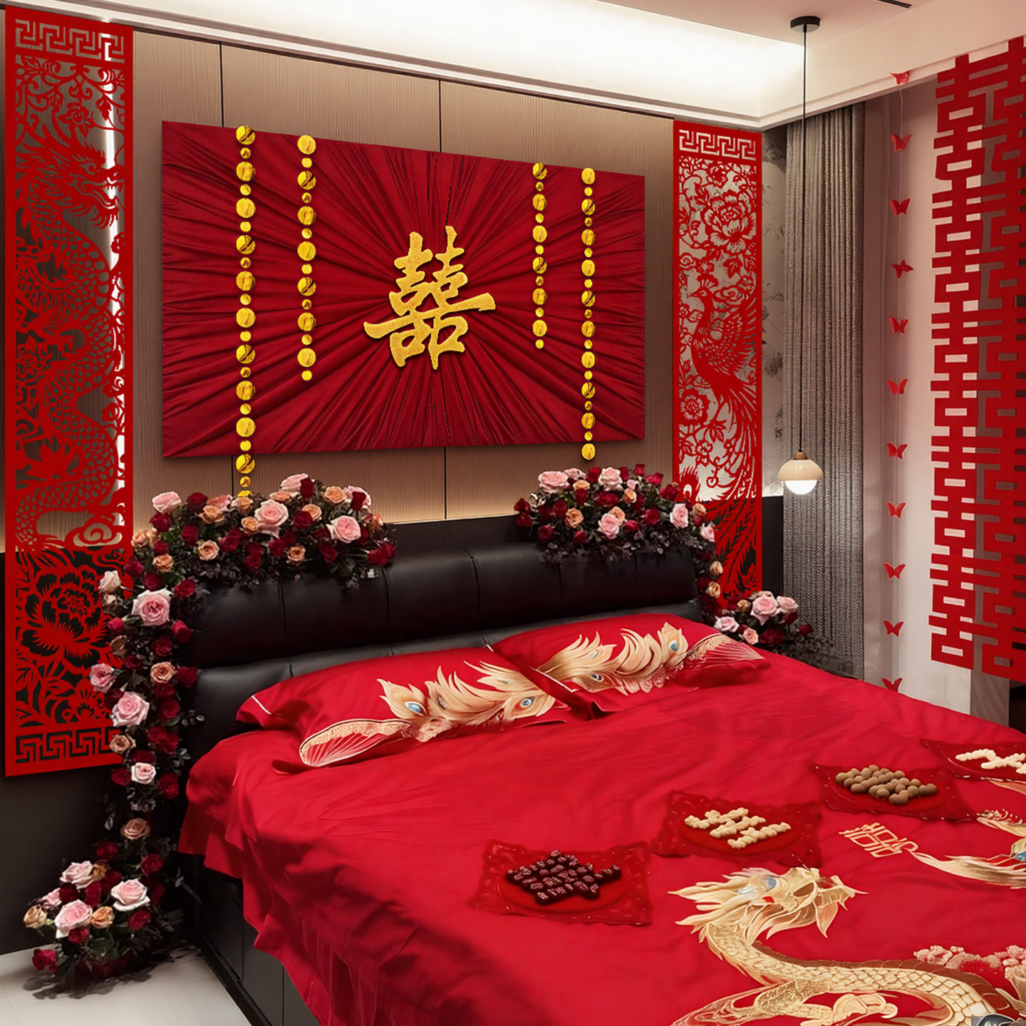 婚房装饰布置套装新中式布幔结婚喜字床头氛围婚礼卧室床头背景墙