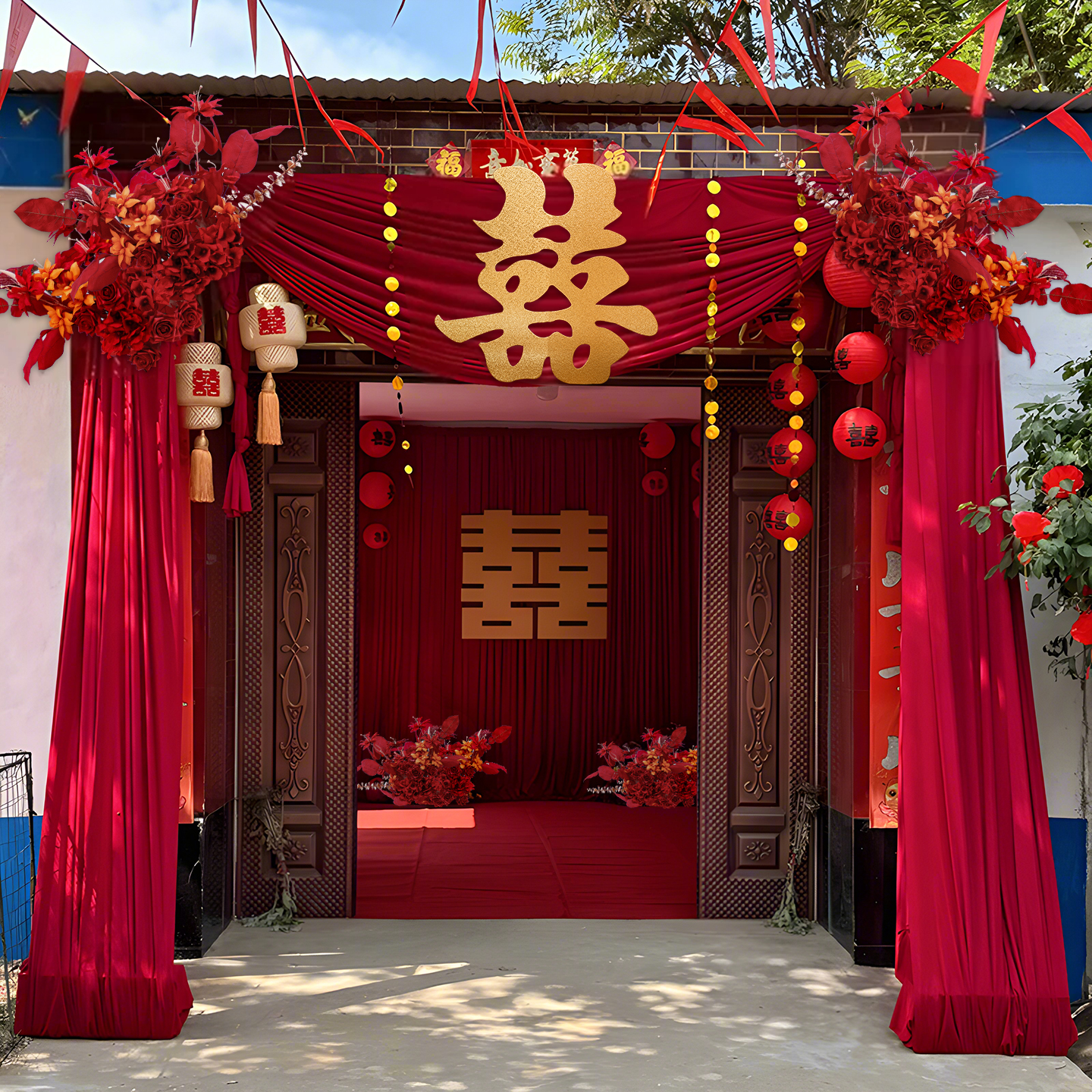 2025结婚农村庭院子婚房布置自建房屋布幔大门口婚礼装饰用品套装