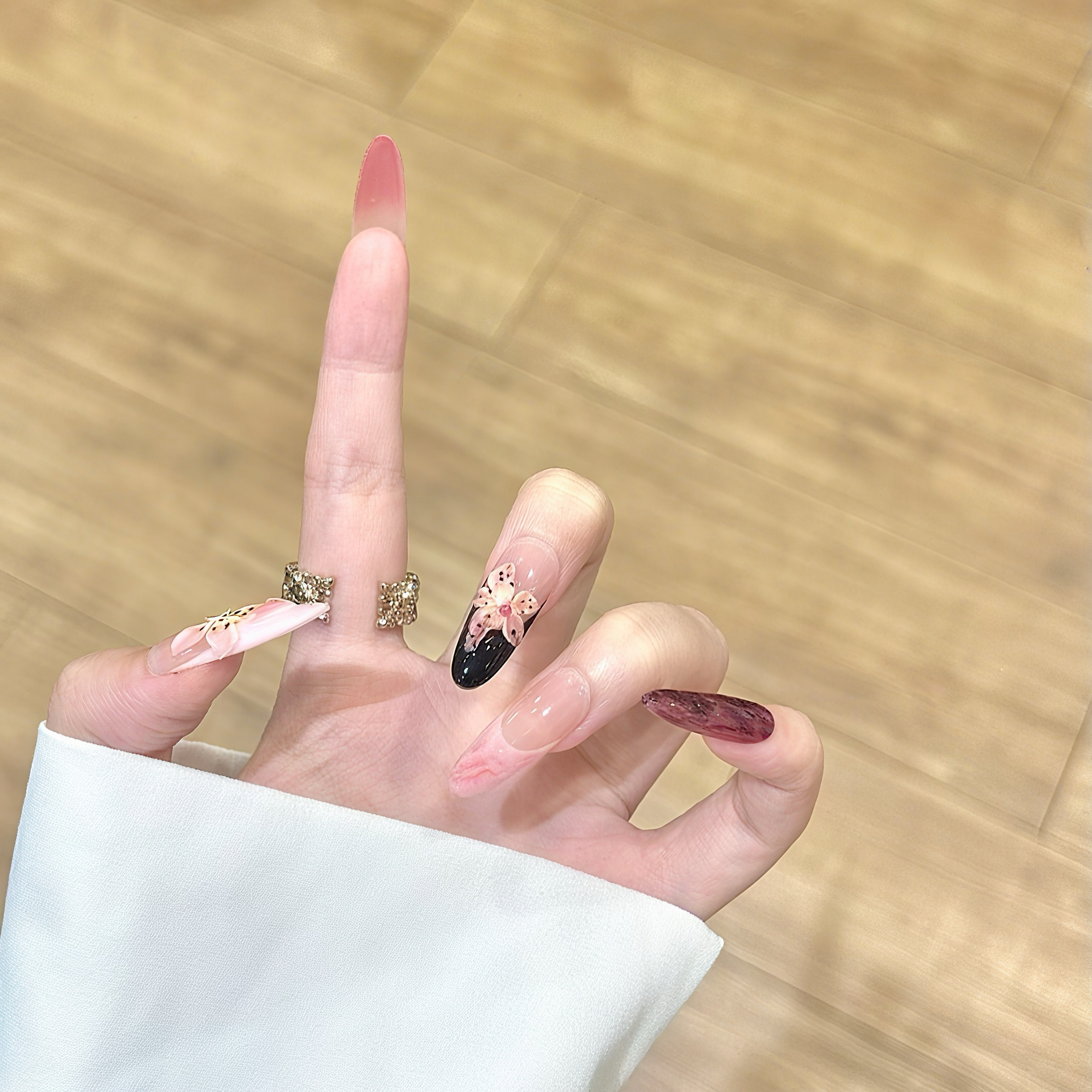 【西雅图之夜】甜辣雕花法式立体水露晕染纯手工美甲穿戴甲中长款